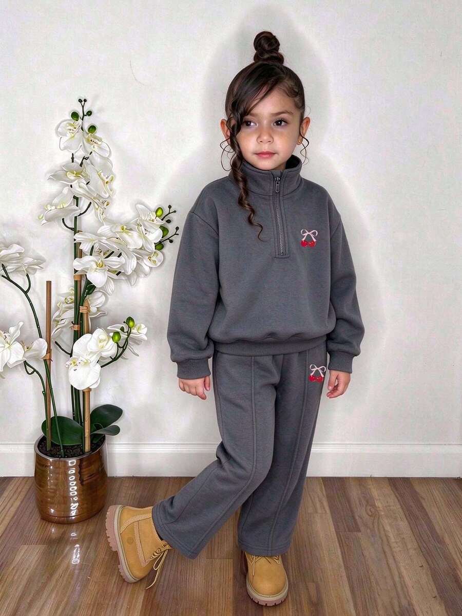 Young Girl Cherry Pattern Stand Collar Long Sleeve Sweatshirt And Pants - Dark Grey - View 1