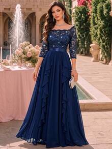 MIUSOL Vestido largo de fiesta formal de gasa con encaje floral de lentejuelas, cuello en V, manga 3/4 y bajo con volantes, adecuado para gala nocturna, atuendo de invitada de boda, primavera y otoño - Azul Marino - Ver 2
