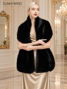 1pc Women's Solid Color Fashion Polyester Faux Fur Shawl, Suitable For Bride, Evening Party And Autumn/Winter Daily Wear - Black - View 5