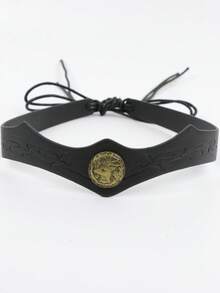 1PC Vintage Medieval Brown PU Leather Renaissance Elf Crown With Antique Gold Deer Medallion, Fantasy Cosplay Costume Headpiece - A - View 5
