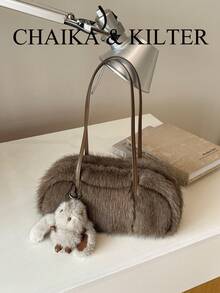 CHAIKA & KILTER 1件裝純色毛絨面料女款復古時尚啞光肩背保齡球包，對比色絎縫縫線，雙手柄設計，拉鍊開合，適合日常與街頭使用（附吊飾） - 咖啡 - 查看 5