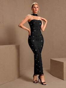 Black Shiny Elegant Asymmetrical Frill Trim Formal Evening Gown For Party, Wedding Spring Fall - Black - View 1