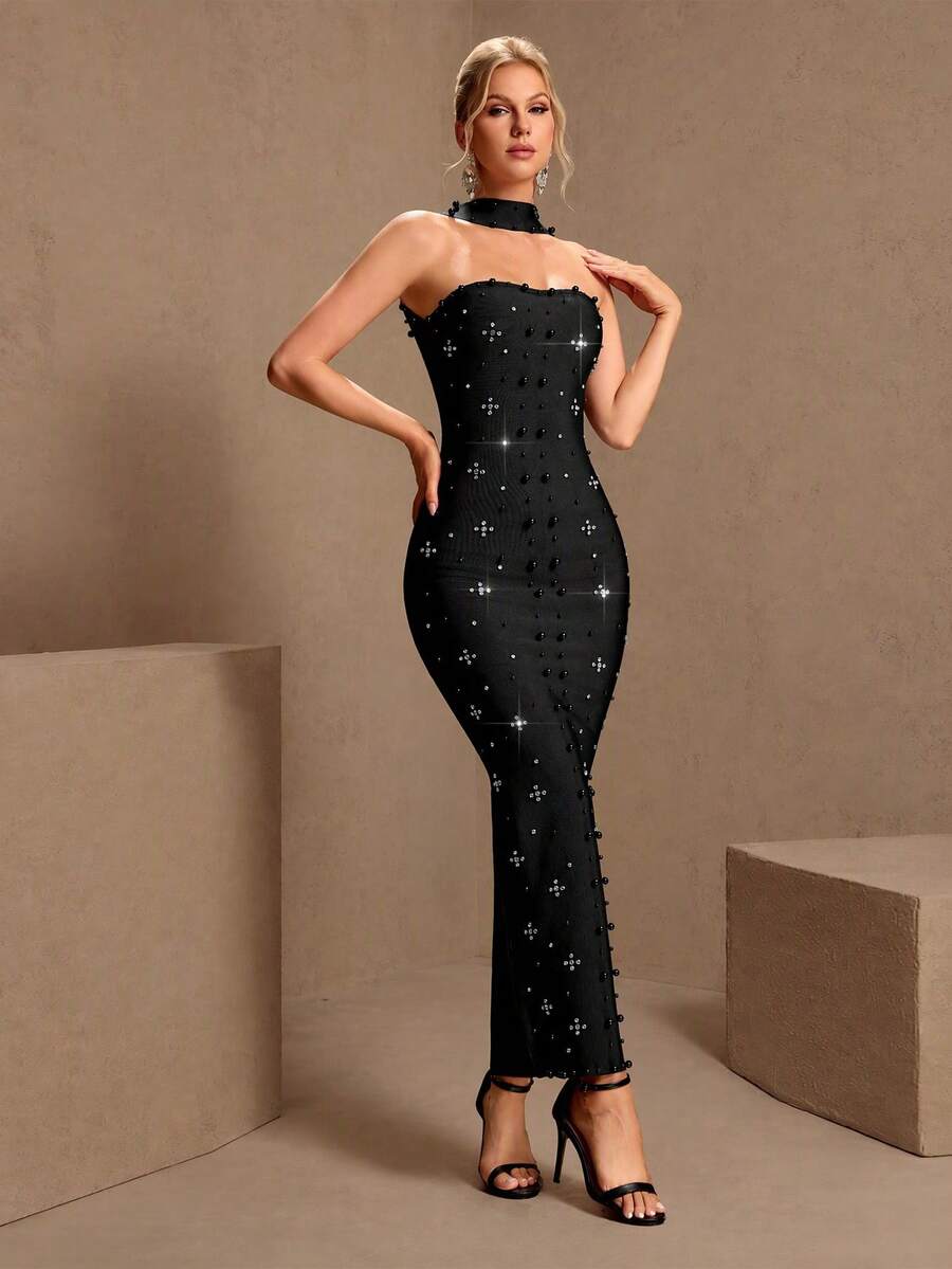 Black Shiny Elegant Asymmetrical Frill Trim Formal Evening Gown For Party, Wedding Spring Fall - Black - View 1