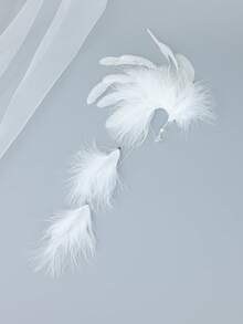 White Feather Long Tassel Ear Cuff No Piercing Rhinestone Pearl Ear Wrap, Fairy Bridal Ear Climber For Wedding Masquerade Halloween Party Women - White - View 8
