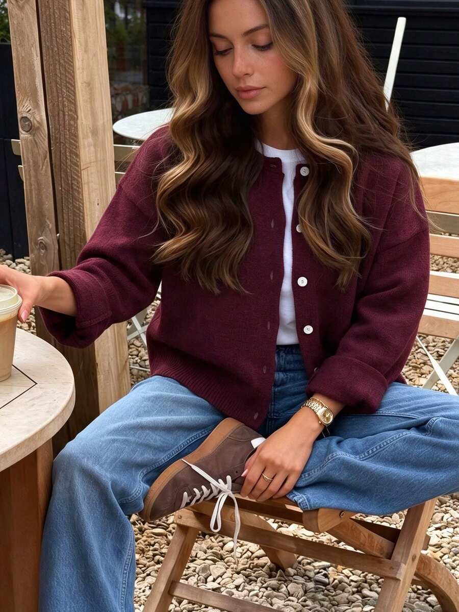 Just Masa Women's Fall Casual Button Front Sweater Cardigan, Solid Color Long Sleeve Round Neck Loose Sweater, For Daily Wear, Going Out, Office Travel, Date - Burgundy - View 1