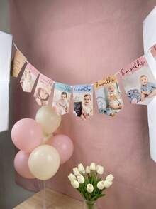Personalized 1st Birthday Photo Banner, Customized Name Monthly Milestone Hanging Flag, Growth Timeline Banner, 1st Birthday Party Backdrop Decoration, Customized Photo Birthday Gift, Party Photo Booth And Celebration Wall Hanging Garland - Multicolor - View 12