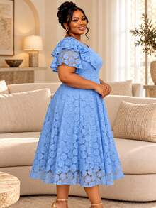 Elegant Plus Size Women Light Blue Floral Lace A Line Midi Dress Asymmetrical Neck Ruffle Short Sleeve Formal Church Wedding Guest Party Gown - Baby Blue - View 9