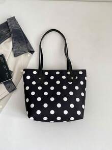 1pc Black Large Capacity Polka Dot Nylon Tote Bag Women's Shoulder Bag - Black - View 3