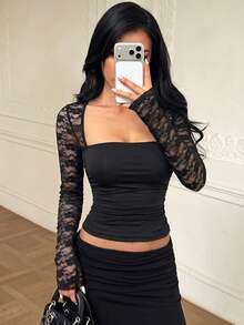 Women's Autumn Black Square Neck Lace Long Sleeve Top For Date Night, Going Out , Bachelorette - Black - View 4