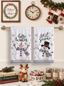 2pcs Watercolor Gray Cute Snowman Snowflake Text Pattern Kitchen Towels, 40*60cm Soft Microfiber Material Tea Towels, Suitable For Home Kitchen Restaurant Outdoor Camping Tabletop Cleaning Dish Cloth Hand Towel Accessories, Christmas Theme Kitchen Linen Towels Holiday Gift - Multicolor - View 2