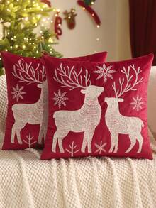 1pc/2pcs Christmas Decorative Pillow Case Embroidered Velvet Christmas Deer Snowflake Sofa Living Room Bedroom Home Decor Party Holiday Gift - Red - View 9