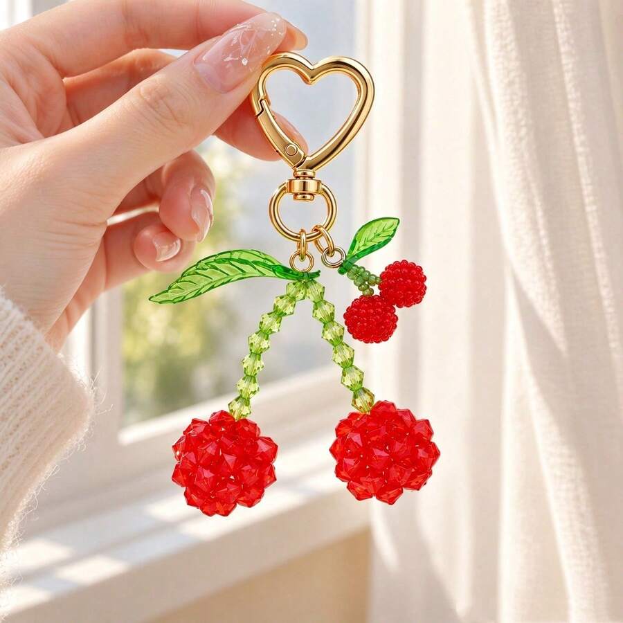 1件女款手工編織3D櫻桃吊飾鑰匙圈,時尚逼真櫻桃包包掛飾,百搭包包配件 - 彩色 - 查看 1