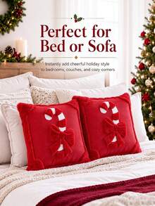 1PC Christmas Pillow Covers 18x18 Faux Fur 3D Candy Cane Beige Red, 3D Embroidered, Candy Cane, Peppermint Candy, Soft Plush Faux Fur, Throw Cushion Case, Bedroom Living Room Decor Christmas Cushion Covers Autumn Home Decor Halloween Christmas Gifts - Candy Cane - View 2