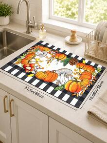 1pc Black & White Plaid Pumpkin Pattern Diatomaceous Earth Absorbent Drying Mat, Kitchen Countertop Draining Pad, Coffee Machine Mat, Bowl & Plate Drying Mat, Dining Table Breakfast Mat, Non-Slip Heat-Resistant Easy To Clean Hidden Water Stains, Suitable For Kitchen, Dining Table, Coffee Shop, Bar, Home Decor, Holiday Gift - Multicolor - View 16