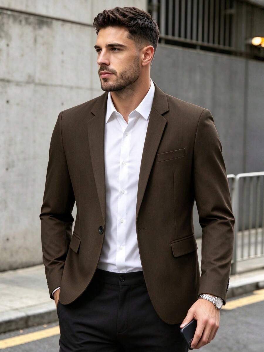 Fashion Minimalist Men's Suit, Casual Versatile Long Sleeve Blazer, Suitable For Business, Social, Wedding, Evening Events And Fashion Occasions - Coffee Brown - View 1