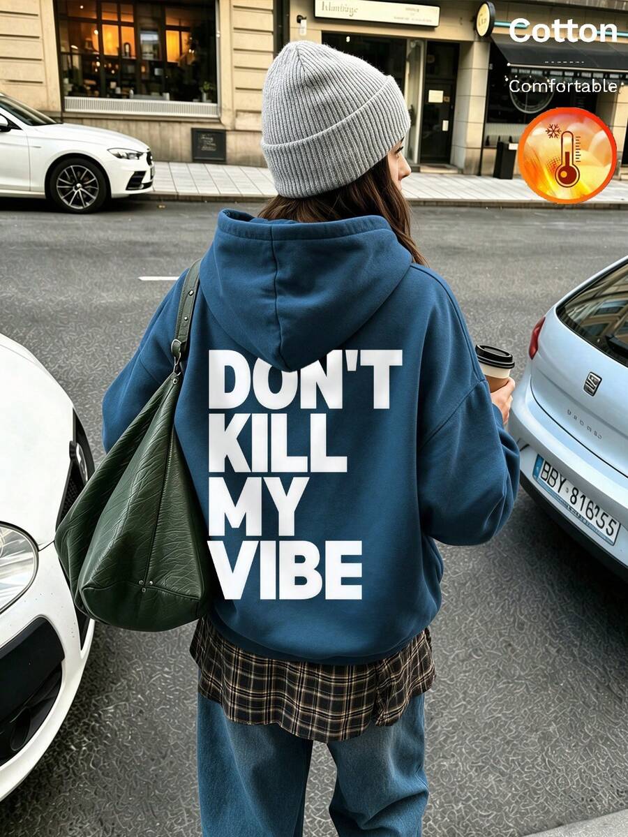 Autumn Winter DON'T KILL MY VIBE Text Print Y2K - Cow Blue - View 1