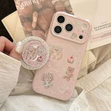 1pc Glitter Pink Cute Bunny Cake Pattern Pop Up Phone Grip, Lace Floral Round Air Cushion Phone Holder, Retractable Foldable Adhesive Phone Stand For Smartphone - Multicolor - View 3