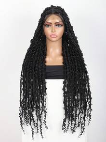 Square Knotless Butterfly Box Braid Wig, Bohemian Curly Hair, 36 Inch Full Double Layer Lace Frontal Wig With Baby Hair, Natural Parting, Synthetic Braided Wig, Daily Wear - Black - View 1