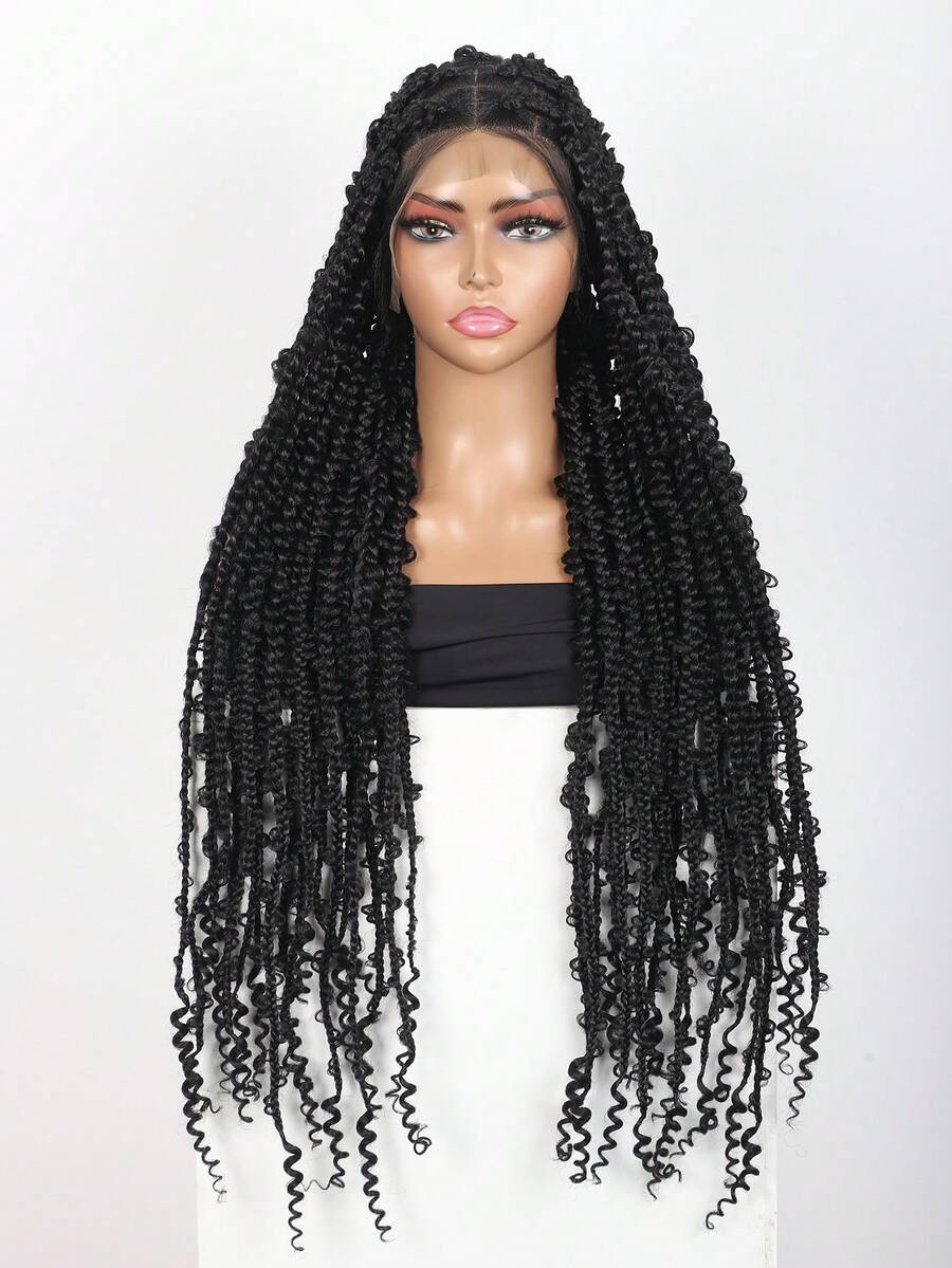 Square Knotless Butterfly Box Braid Wig, Bohemian Curly Hair, 36 Inch Full Double Layer Lace Frontal Wig With Baby Hair, Natural Parting, Synthetic Braided Wig, Daily Wear - Black - View 1