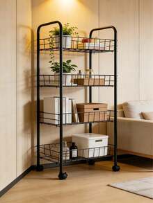 1pc Iron Mesh Storage Rack With Side Storage Bucket, Large Capacity Space-Saving, Desktop Organizer For Skincare, Stationery And Kitchen Supplies, Suitable For Kitchen, Study Room, Bedroom And Vanity Table Rolling Utility Cart - Multicolor - View 4