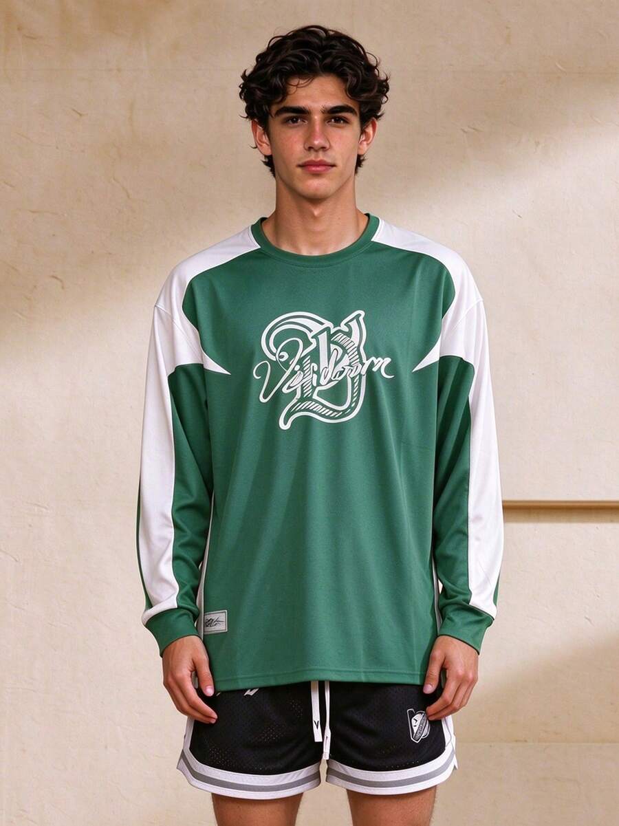 veidoorn Men's Sports Long-Sleeved Top,Soft And Comfortable Letter T-Shirt With Raglan Sleeves, For Everyday Outdoor Training - Green - View 1