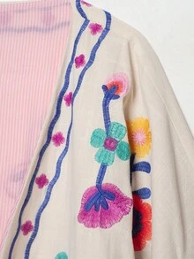 CAREE Women's Autumn/Winter White Floral Embroidered Lace-Up Front 3/4 Sleeve Open Front Loose Fit Jacket - Multicolor - View 8