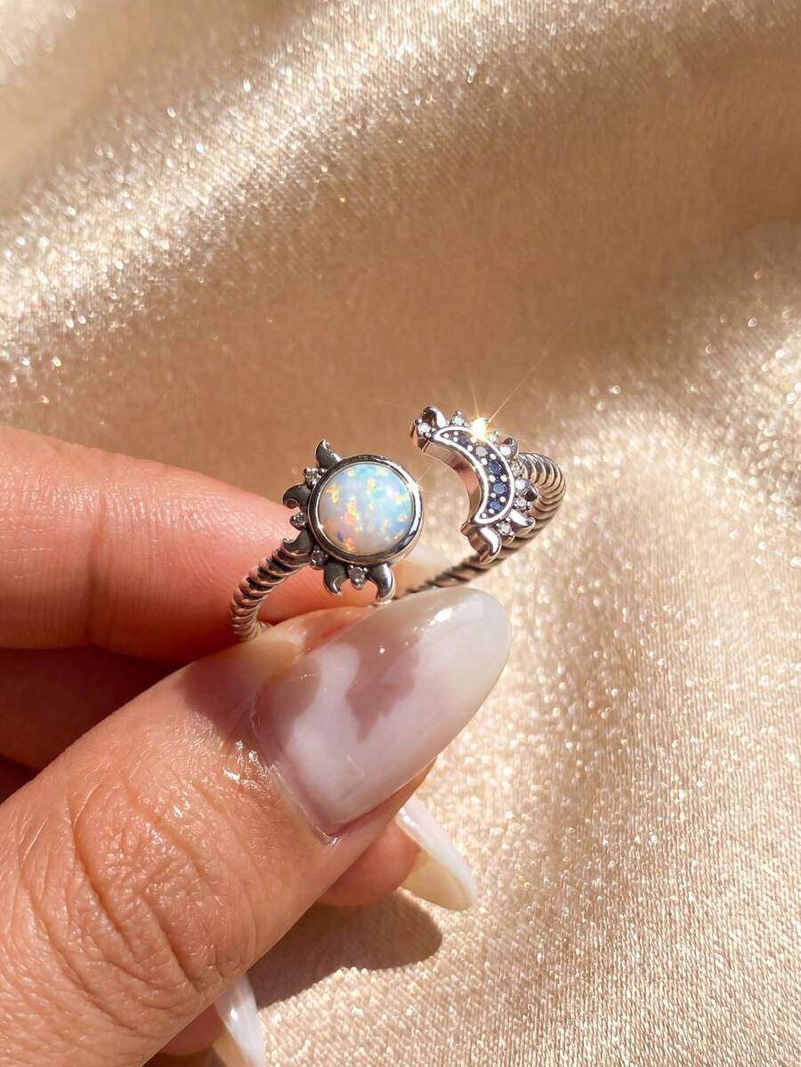 1pc Sun & Moon Glowing Ring, Multiple Sizes Available, Suitable For Women, Ideal Date Gift Or Exquisite Jewelry - Silver - View 1
