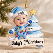 1pc Custom Baby's 1st Christmas Photo And Text Ornament, Personalized Glitter Santa Baby Outfit Keepsake Gift,Newborn First Christmas Memory - Multicolor - View 13