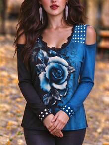 Women's Autumn Fashion Elegant Blue & Black Contrast Rose Print Cold Shoulder Long Sleeve T-Shirt, Lace V-Neck Polka Dot Decor Slim Fit Top - Blue - View 5