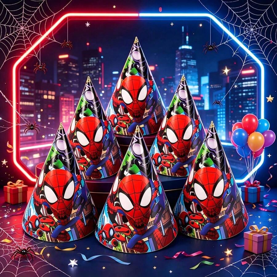 1set/6pcs Comics Hero Printed Cone Party Hat, Colorful Web Pattern ...