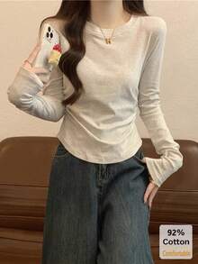 Autumn Pure Cotton Long Sleeve T-Shirt, Autumn/Winter Grey Long Sleeve Top For Women, Versatile Slimming Solid Color Inner Layer Base Layer - Gray - View 4