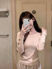 Women's Versatile Chic Fall Winter Solid Square Neck Slim Fit Top, Bow Cutout Design Long Sleeve Base Layer For Dating, Travel, Daily - Apricot - View 5