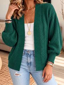 Women's Plus Size Green Knitted Loose Fit Cardigan With Drop Shoulder Long Sleeves, Rib-Knit Details, Regular Length, Perfect For Fall & Winter - Dark Green - View 3