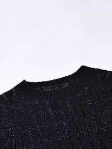 Yuwenier Vintage Black Cable Knit Sweater Round Neck Sequin Glitter Thread Long Sleeve Slim Fit Textured Pullover Casual Office Daily Autumn Outfits - Black - View 8