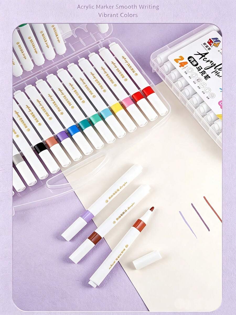 48/36/24/18/12 Colors Acrylic Marker Set With Triangular Barrel, Quick-Drying Smooth Rich Colors, Suitable For Students, Children DIY Painting, Design, Planner, Creative Graffiti On Stone, Glass, Clothing And Other Materials - Triangular Marker - View 1