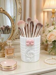 2pcs/1pc Cute Pink Bow Multipurpose Storage Cup, Treble Clef Embossed Makeup Brush Holder, White Desktop Vanity Organizer, Can Be Used As Toothbrush Holder & Pen Holder For Bathroom Desk - Multicolor - View 11