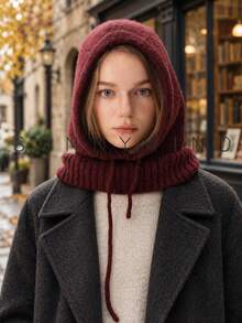 1件女款純色時尚休閒百搭羊毛拉帽，秋冬日常穿著 - 酒紅色 - 查看 7