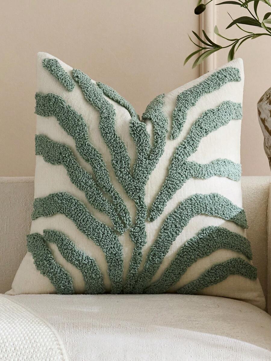 1pc/2pcs Neutral Wave Velvet Pillow Cover, Textured Abstract Striped Beige Cushion Case, Bohemian Minimalist Decorative Pillow Suitable For Living Room, Bedroom, Sofa, Home Decor - Mint Green - View 1