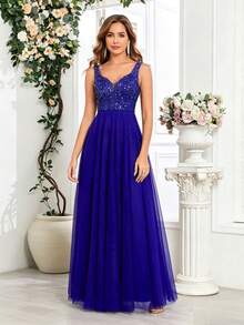 XUCTHHC Elegant Heart Neckline Sleeveless Sequin Mesh A-Line Formal Party Dress, Suitable For Prom, Wedding Guest, Bridesmaid, Holiday - Royal Blue - View 7
