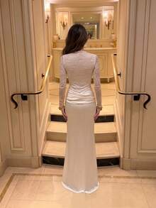Lace & Satin Patchwork Pleated Long Evening Gown For Party - White - View 5