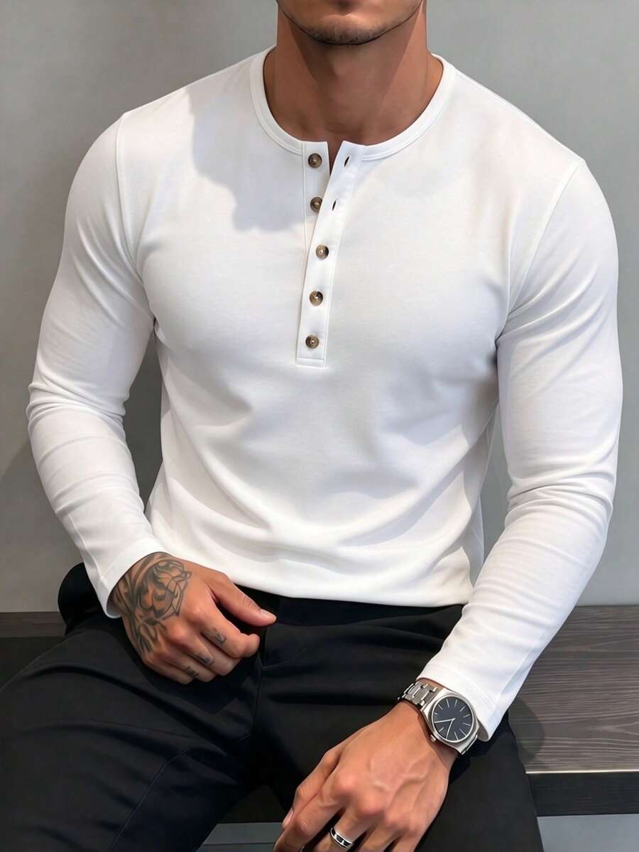 Men's Classic Button-Up Henley Collar Long Sleeve T-Shirt, Autumn/Winter Fashion Outfit Essential