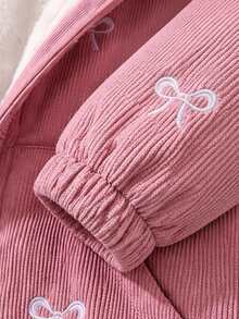 Baby Girl Hooded Zipper Jacket With Bow Embroidery, Piped Pockets, Outerwear Top, Autumn/Winter - Pink - View 6