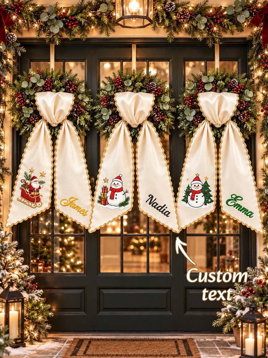 1PC Custom Heat Transfer Christmas Wreath Bow Sash, Personalized Name Wreath Ribbon, 3 Color Options, Decorative Wreath Accessory For Front Door, Holiday Gift For Family Members