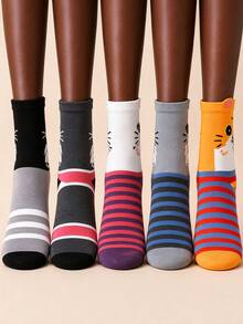 1/3/5 Pairs Women's Mid-Calf Socks With Cat Patterns - Breathable Soft Moisture Wicking, Cute Kitten Ribbed Trim Athletic Casual Socks For - Multicolor - View 6
