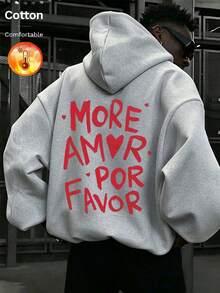 Men's Fleece Hoodie, Back Printed With Uppercase Letters "MORE AMOR POR FAVOR" And Heart Pattern, Y2K Style, Autumn/Winter - Floral Gray - View 10