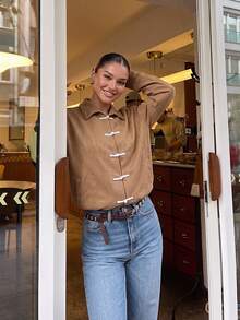 Women's Brown Long Sleeve Lapel Chinese Frog Button Jacket, Napoleon Jacket, Regular Fit Flight Jacket, Autumn Apparel, Suitable For Party & Street & Commute - Brown - View 5