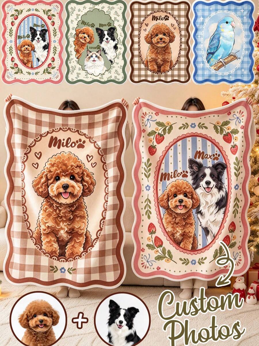 Personalized Pet Portrait Blanket From Photo: Custom Striped Dog Cat Photo Throw, Preppy Pet Blanket For Dog Mom Or Dad, Pet Memorial Gift - Multicolor - View 1