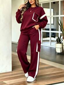 Spring/Autumn Casual Women's Fashion Commute Set, Comfortable Loose Long Sleeve Top + Straight Leg Pants 2 Pieces Set, Versatile Contrast Color Top With High Waist Drawstring Loose Straight Leg Pants 2 Pieces Set - Burgundy - View 3