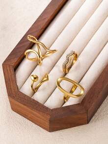 4pcs Minimalist Luxury Stainless Steel Gold Rings Set, Wavy Hollow Rhinestone Design, Suitable For Women's Daily, Date, Holiday, Engagement, Wedding, Gift Jewelry - Gold - View 3
