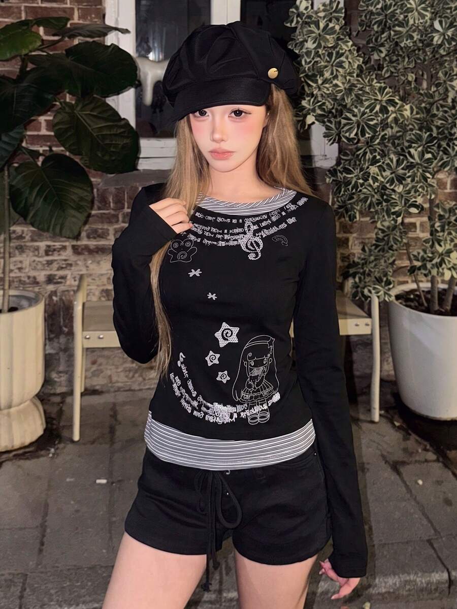 Kaos Lengan Panjang Leher Bulat Motif Kartun Gadis, Motif Catatan & Bintang 2 in 1, Atasan Lapisan Dasar Manis & Keren untuk Wanita di Musim Gugur/Dingin - Hitam - View 1